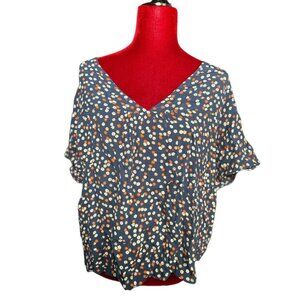 Madewell Women's Navy Blue Flowy Floral V-Neck Blouse sz L